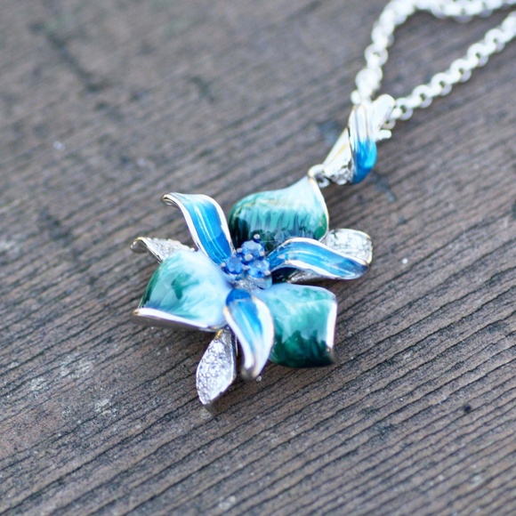 Teal Blue Green Orchid Flower Enamel Pendant Sterling Silver 925 - Picture 7 of 10